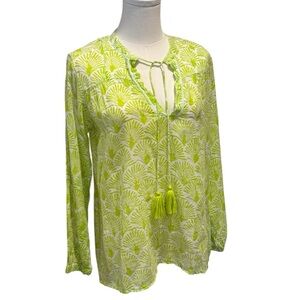 Roller Rabbit Floral Neon Green Sheer Long Sleeve Peasant Top Womens XS